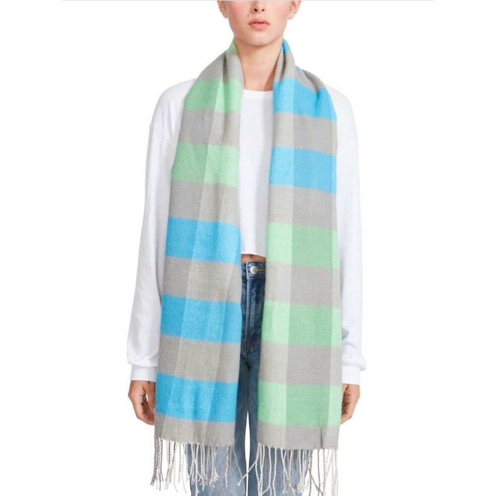 Steve Madden Cozy Gray Scarf with Blue & Mint Stripes. NWT. Gift Fall Winter
